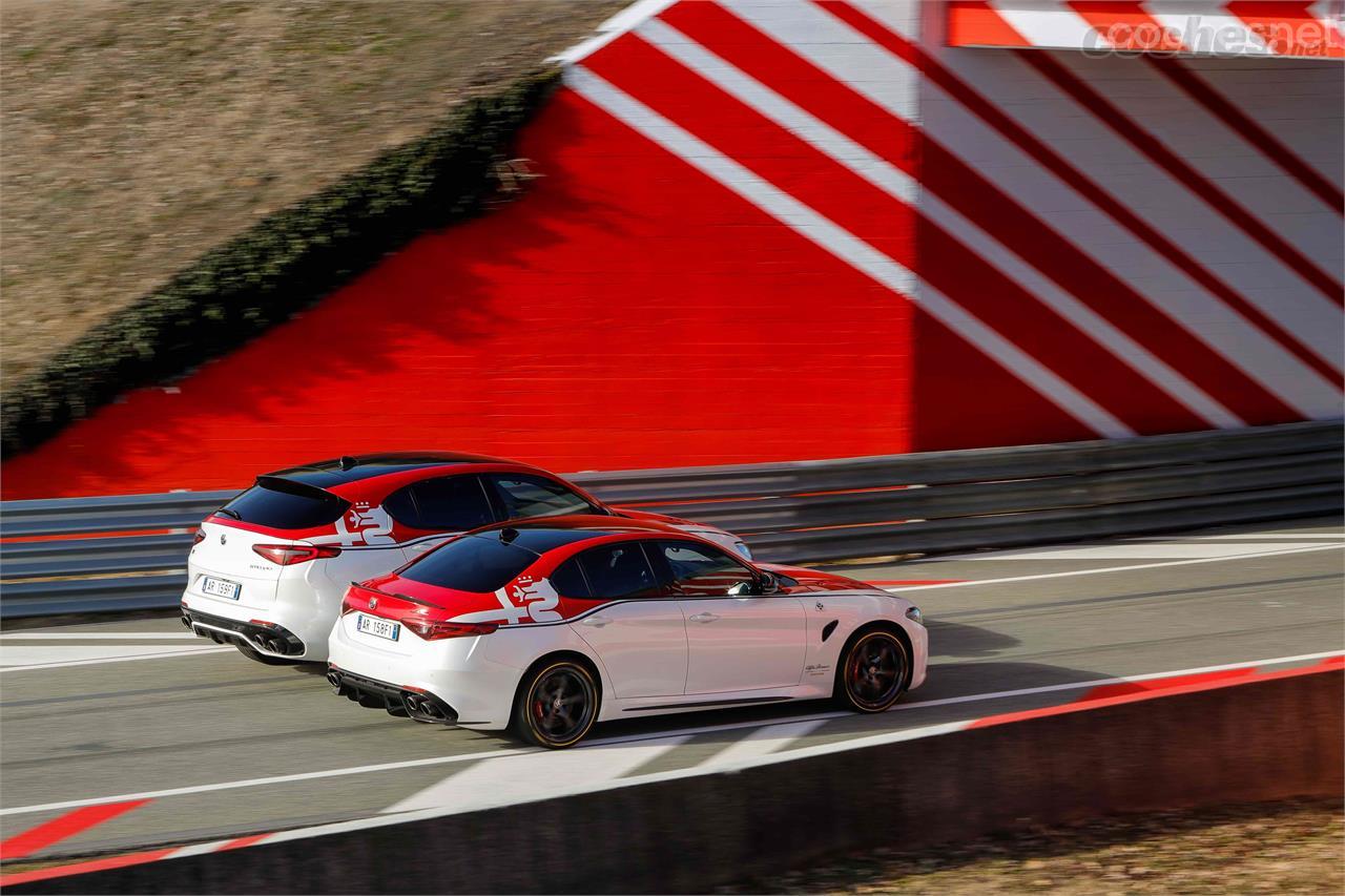 Los Alfa Romeo Giulia y Stelvio "Alfa Romeo Racing" vienen pintados en un color bitono que combina el Blanco Trofeo y el Rojo Competizione.