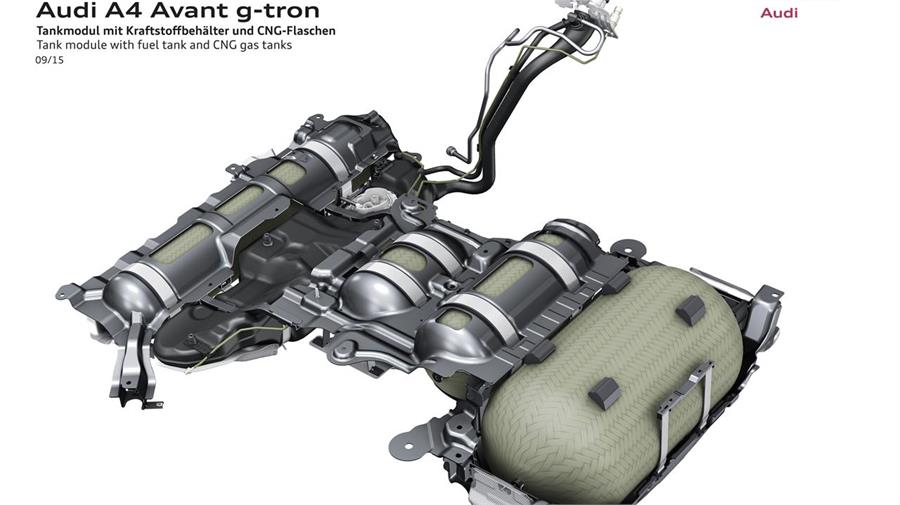 El depósito de GNC de los dos vehículos g-tron está formado en realidad por cuatro depósitos cilíndricos que integran un módulo. 