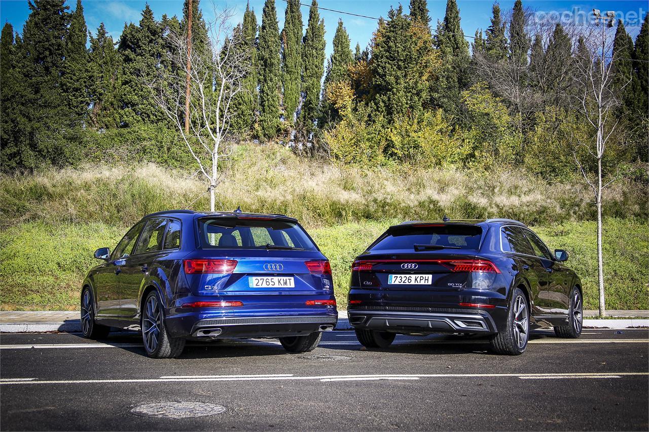 Vistos por detrás, la diferencia está mucho más marcada. La línea cupé del Q8 contrasta con el gran portón más vertical del Q7. 