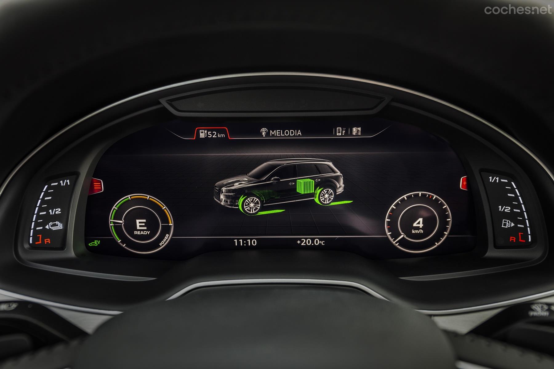 El cuadro de instrumentos Audi Virtual Cockpit, de serie, añade nuevos gráficos para abarcar todo el sistema híbrido.