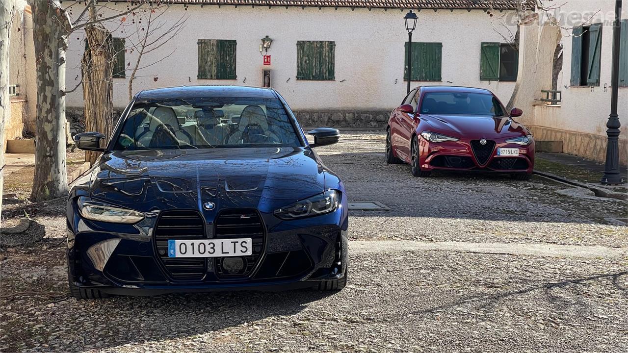 El imponente morro del BMW M3 Competition xDrive hace que el Alfa Romeo QV, que no es precisamente discreto, parezca un coche más elegante.