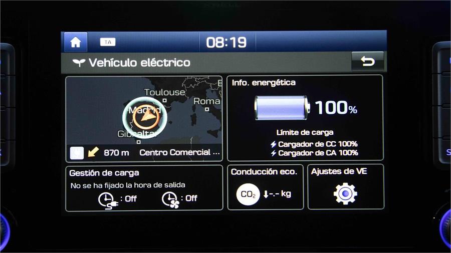 Esta pantalla forma parte del menú EV, que informa sobre todo lo que afecta a la gestión de energía del coche.