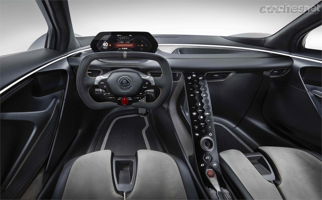 El interior del Lotus Evija es minimalista y muy vanguardista a nivel de diseño. 