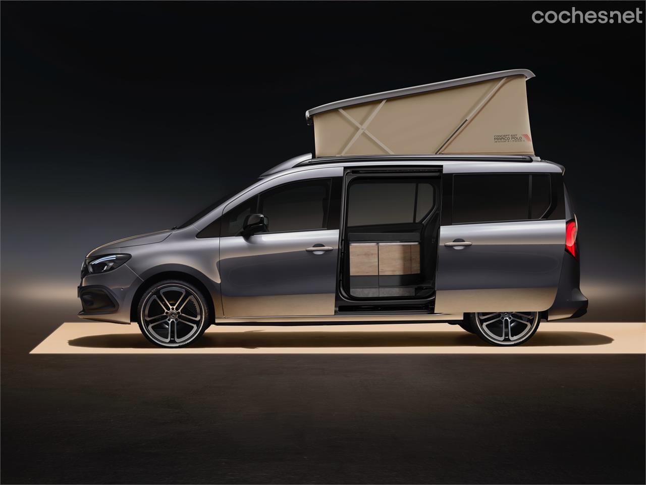 La cama de techo se combina con otra en la parte trasera de la versión Marco Polo, todavía conceptual, del Mercedes-Benz EQT.