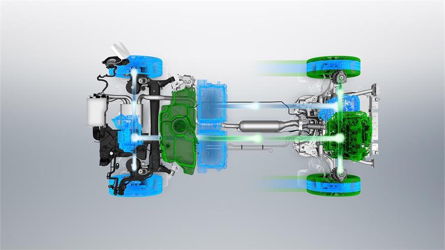 Incorpora un motor eléctrico en cada eje que se combinan con el motor PureTech de 200 CV. La potencia combinada del sistema híbrido asciende hasta los 300 CV.