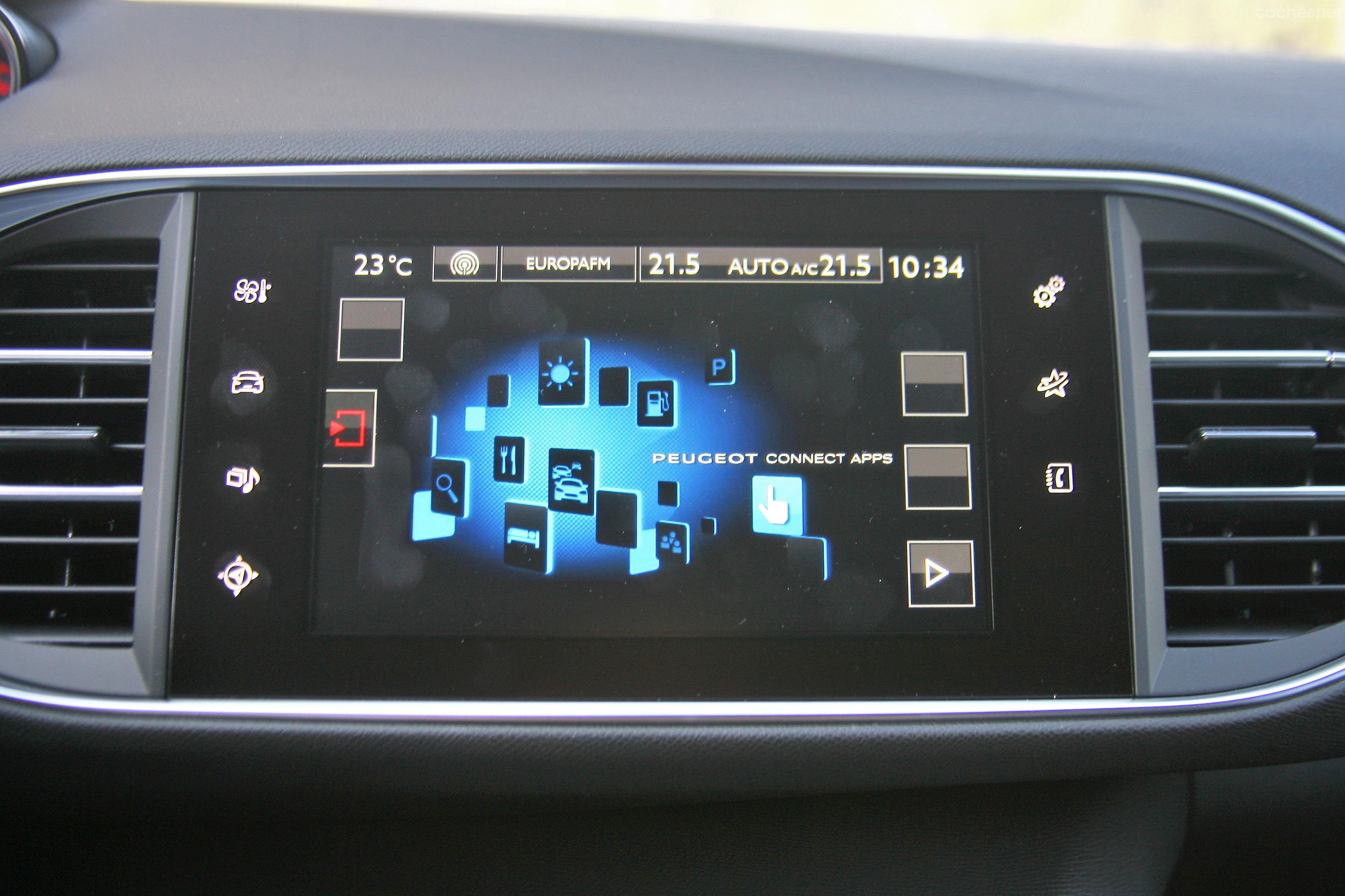 Esta es la pantalla del 308 con la que se maneja prácticamente todo, desde el equipo de audio al teléfono pasando por el ordenador de a bordo, la navegación o las aplicaciones.