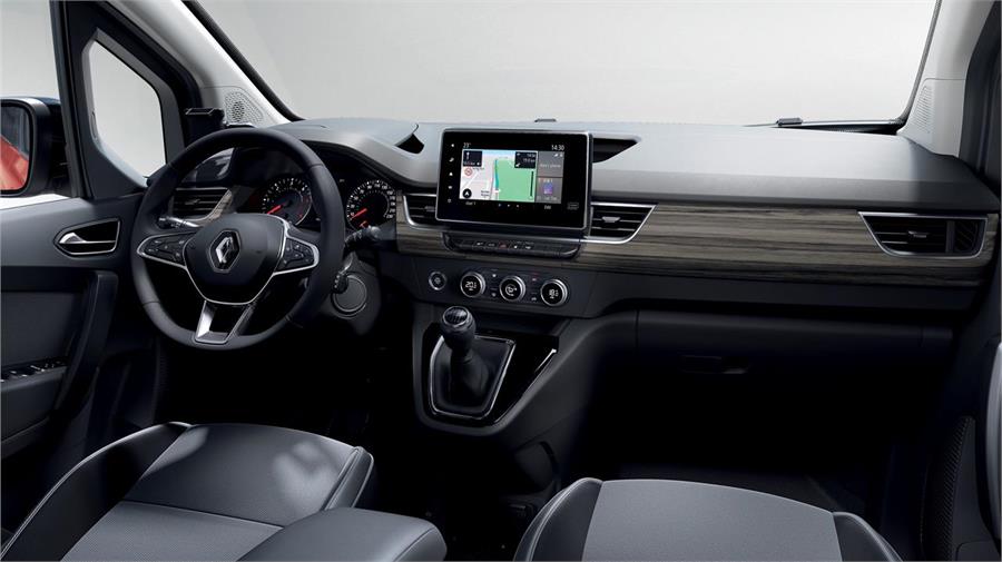 En el Renault Kangoo el salpicadero tiene como protagonista una pantalla digital muy poco integrada y un cambio de marchas en posición elevada. 