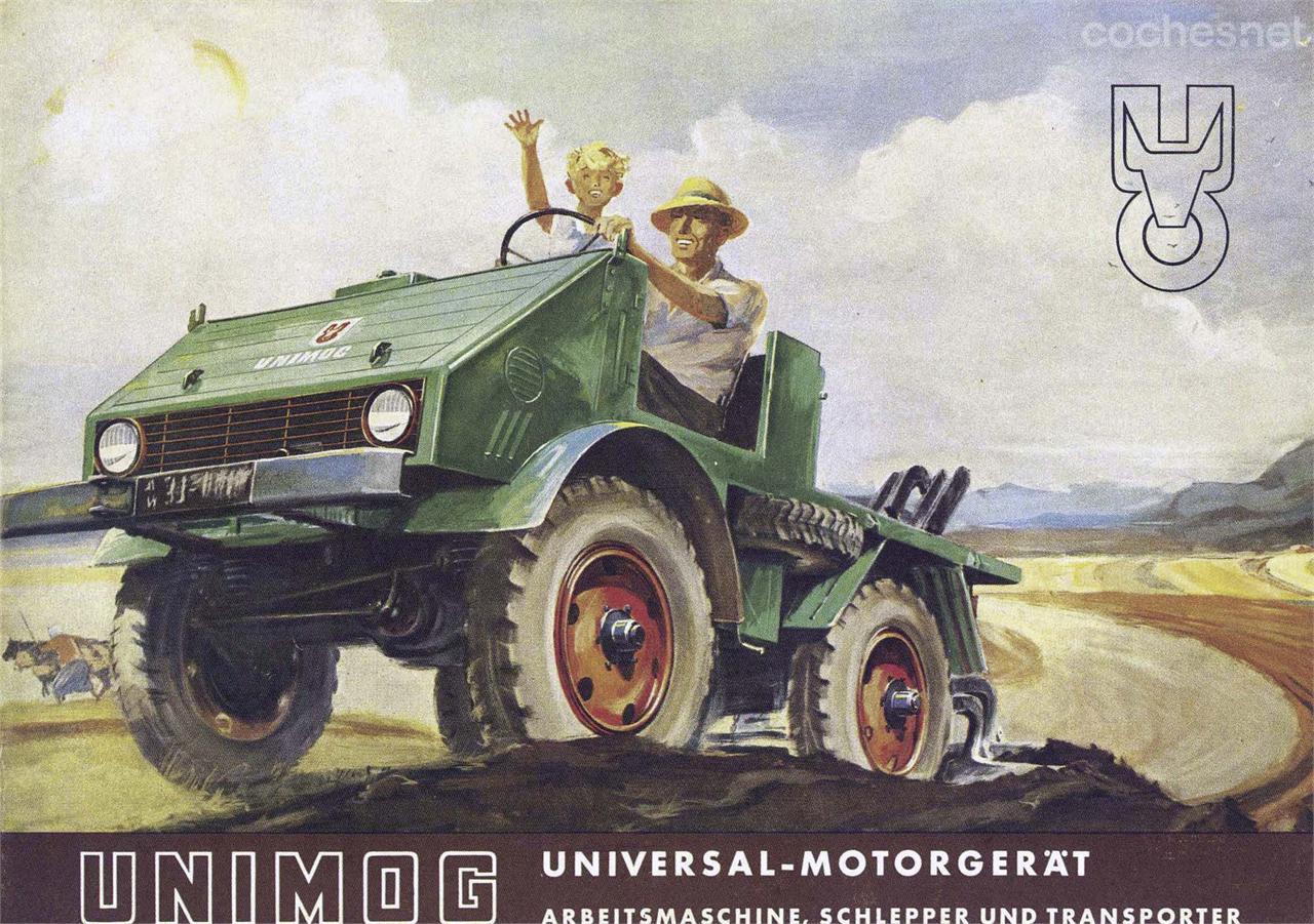 Esta publicidad de finales de los cuarenta ilustra las virtudes del Unimog como vehículo agrícola. Unimog significa Universal-Motor-Gerät, dispositivo a motor universal.