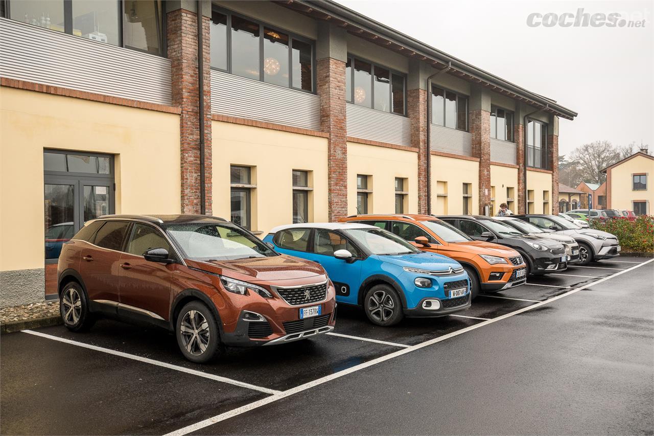 Los coches finalistas en la pista de pruebas de Vairano. Dispusimos de cuatro unidades de cada uno de los cinco modelos finalistas, en la mayoría de los casos, de diferentes versiones.