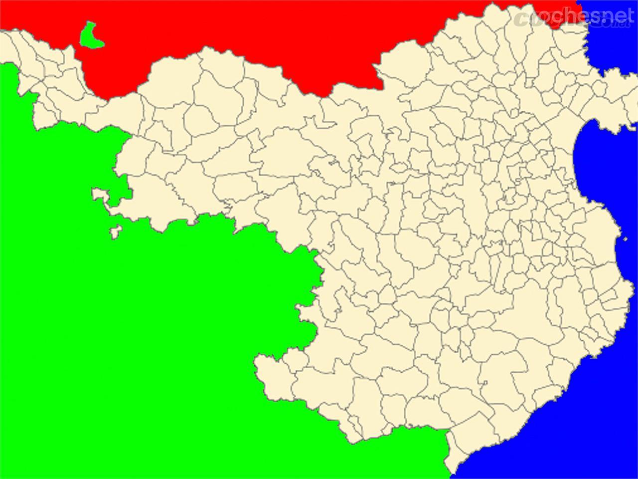 Situación de Llivia (en verde) rodeado de territorio francés (en rojo) en crudo el resto de la provincia de Gerona y también en verde el resto del territorio español.