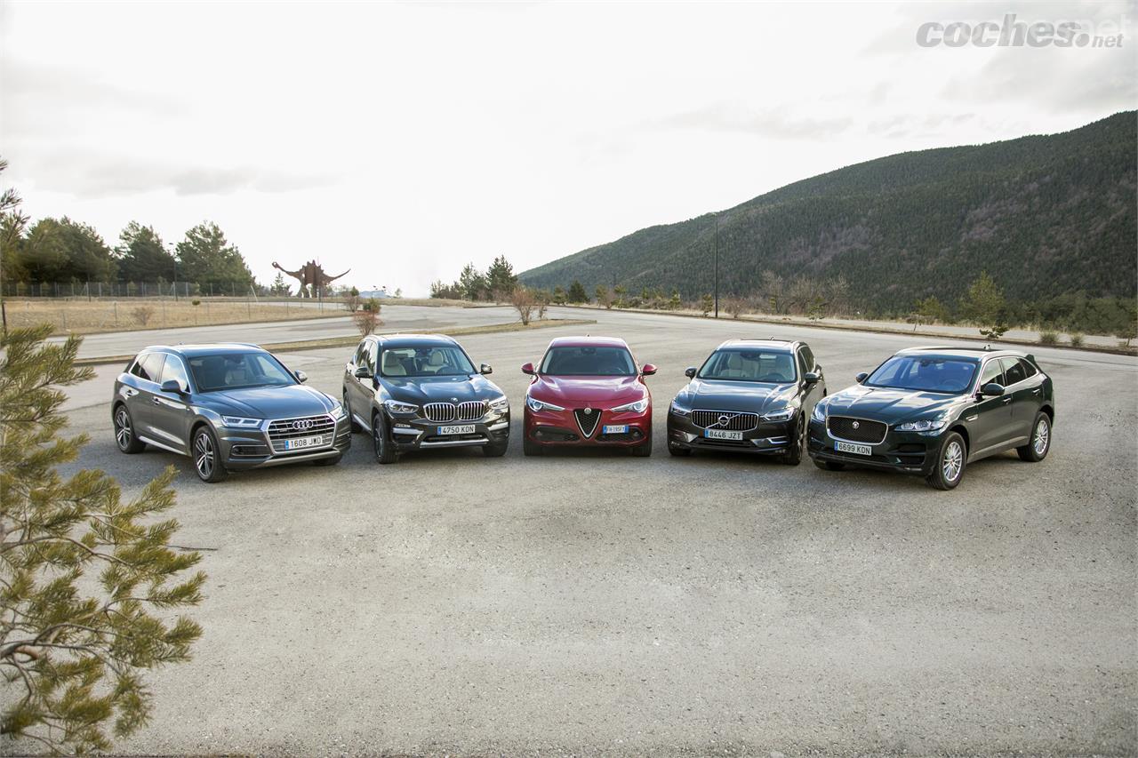 Comparativa SUV Premium Turbodiésel: Alfa Romeo Stelvio, Audi Q5, BMW X3, Jaguar F-Pace, Volvo XC60. Sólo faltan el Mercedes GLC y el Land Rover Discovery Sport.