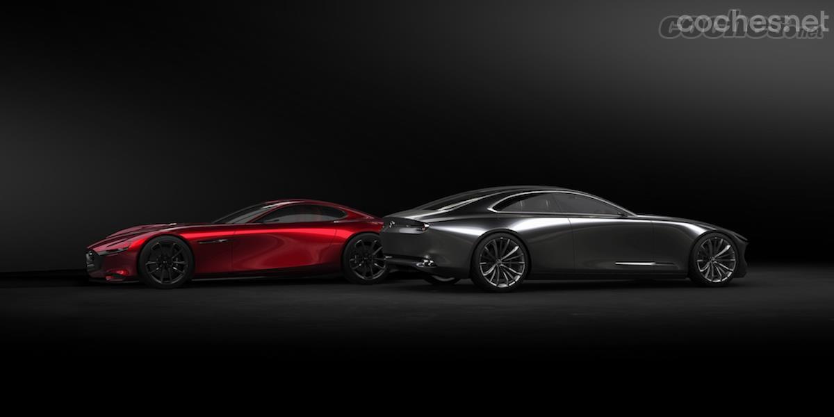 El Mazda Vision Coupé Concept y el anterior Concept Mazda RX Vision (izquierda) son propuestas de diseño Kodo que marcan el camino hacia la evolución en las formas de los futuros Mazda. 