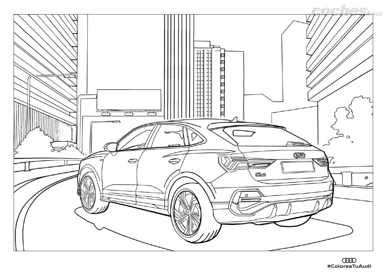 Hay tres láminas para colorear, un Audi quattro S1, un TT RS Coupé y un Q3 Sportback.