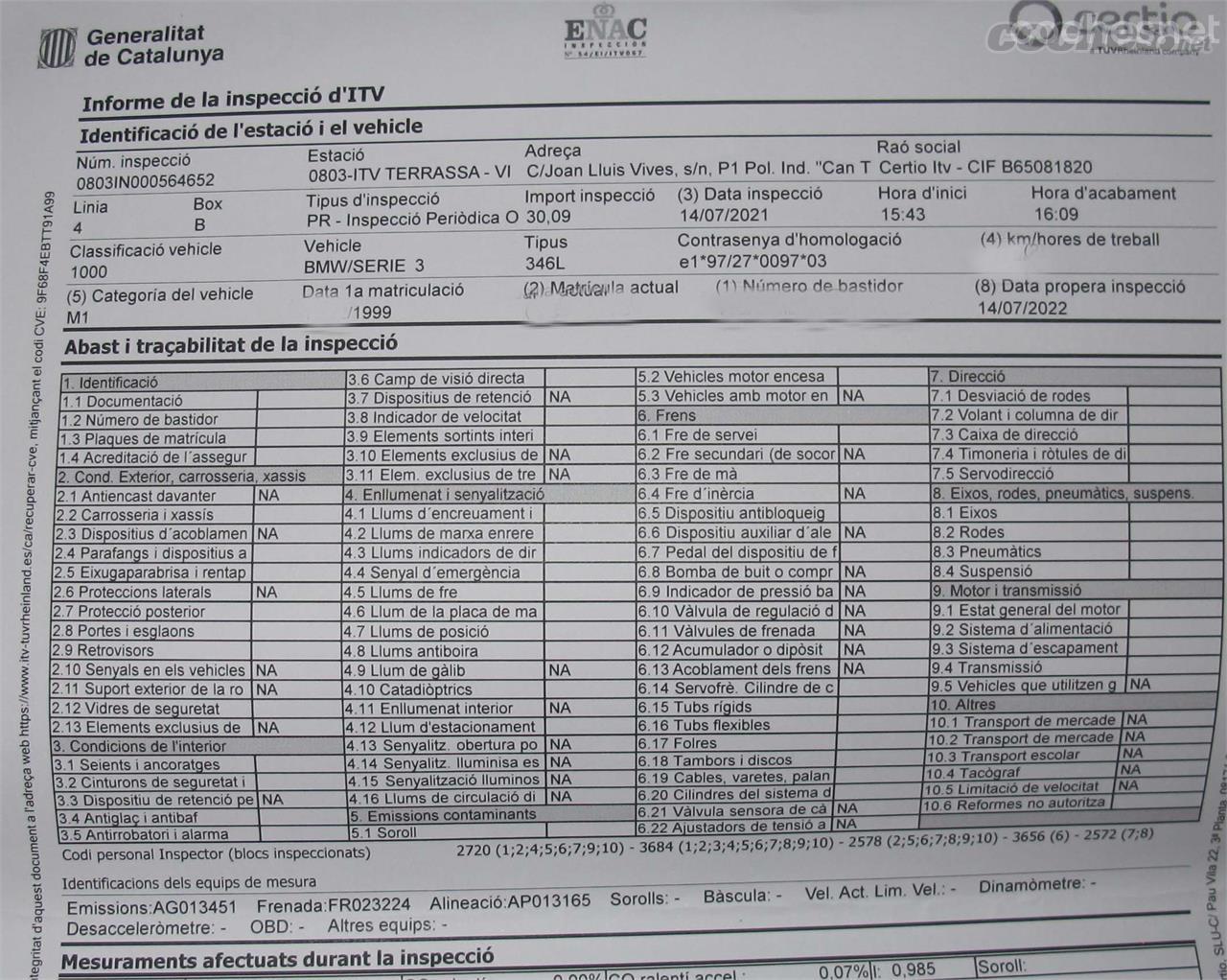 En la parte superior derecha encontramos la fecha para la próxima inspección, en este caso se puede leer en catalán "Data propera inspecció".