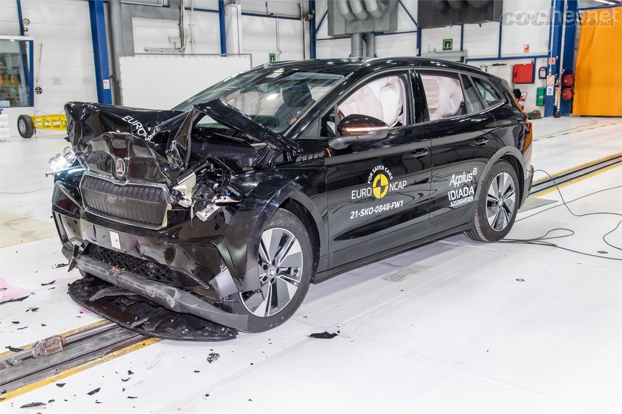 El Enyaq quedó así tras el choque frontal, una de las pruebas realizadas por EuroNCAP en su valoración.