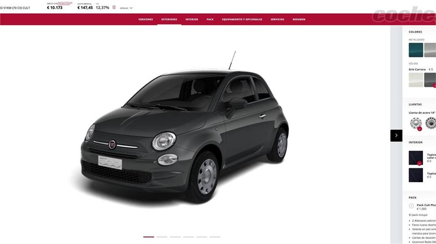 Por menos de 150 euros al mes y sin entrada se puede financiar un Fiat 500 1.0 Hybrid de 70 CV en un concesionario, pero pagando una cuota final de 7.614 euros, en este caso en concreto. 