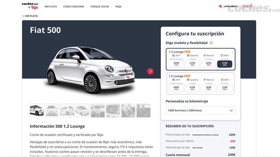 Ejemplo de tarifa para la suscripción de un Fiat 500 1.2 Lounge de gasolina, para un periodo de 24 meses y con 1.000 kilómetros al mes como máximo. 