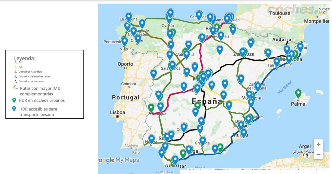 Mapa con la localización de las 150 hidrogeneras mínimas que propone Anfac y Gasnam para el año 2025.