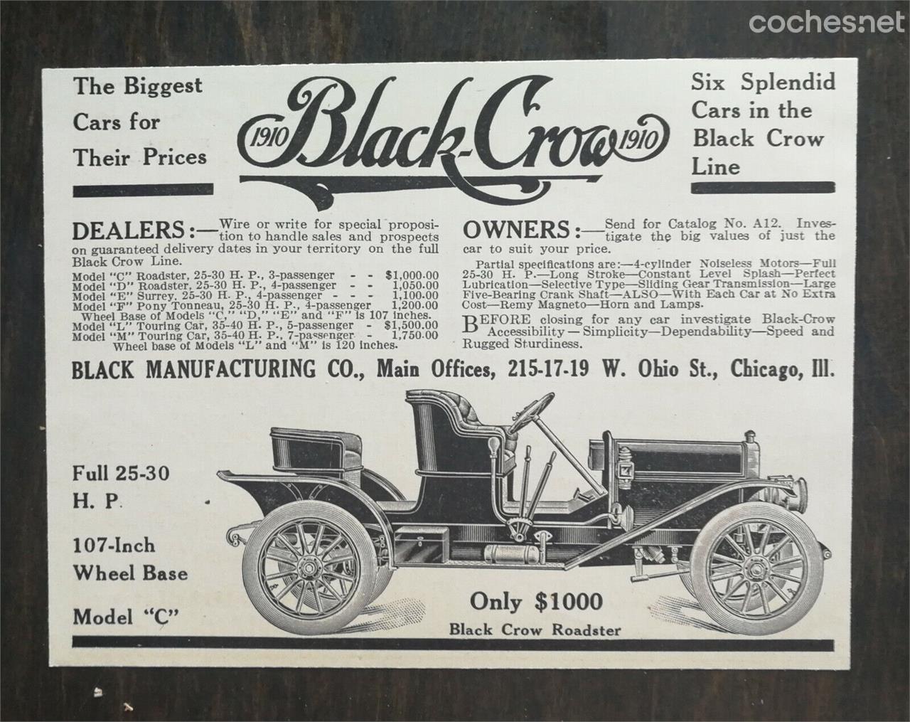 Recorte de una publicidad de Black Crow, una efímera marca estadounidense que construía sus coches como Cuervo Negro.