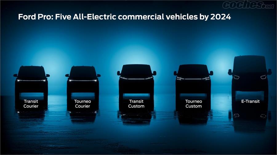 En el ámbito de los vehículos comerciales, Ford anuncia cuatro modelos nuevos (en realidad son dos con versiones de carga y pasajeros) que se añadirán al E-Transit.