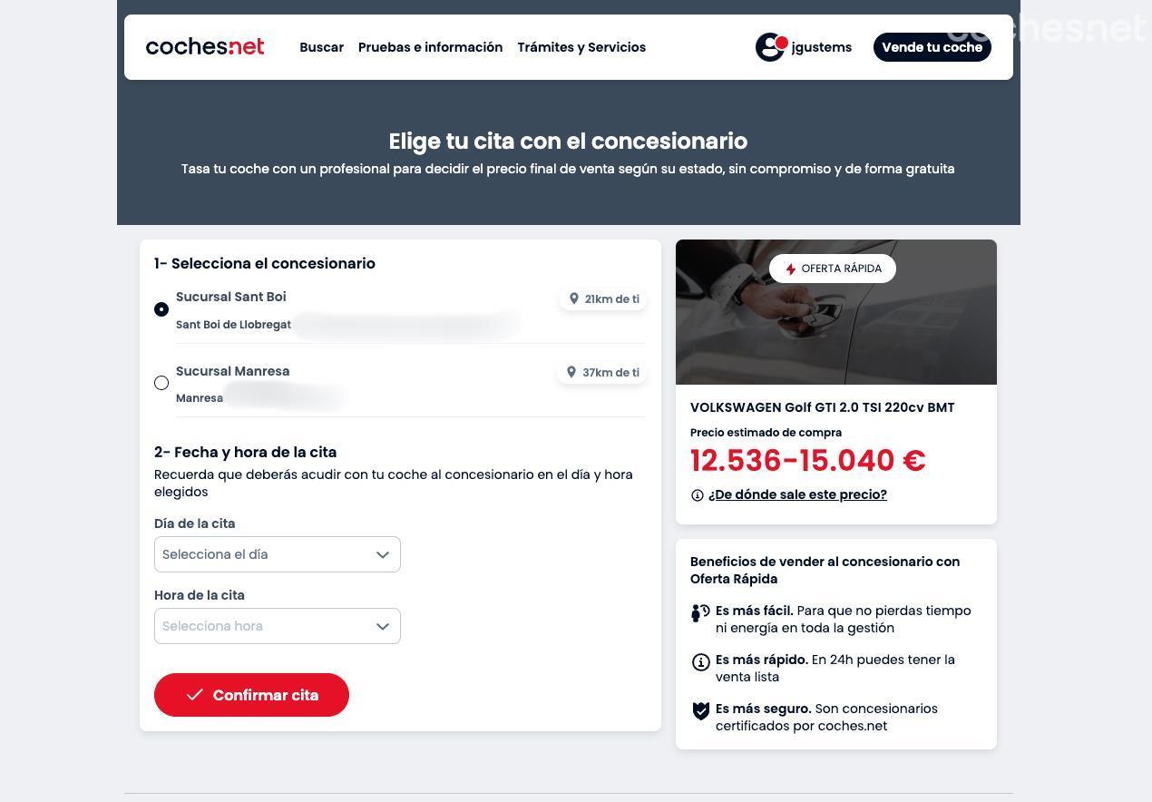 Si se opta por elegir vender el coche a un profesional, es posible concertar cita y hora directamente para confirmar "in situ" el precio ofertado. 